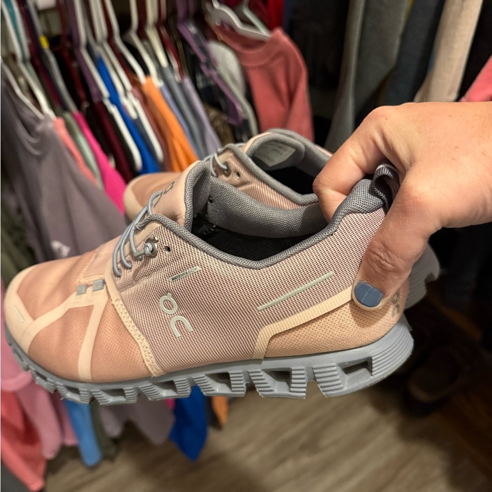 On Running Peach and Gray Athletic Shoes